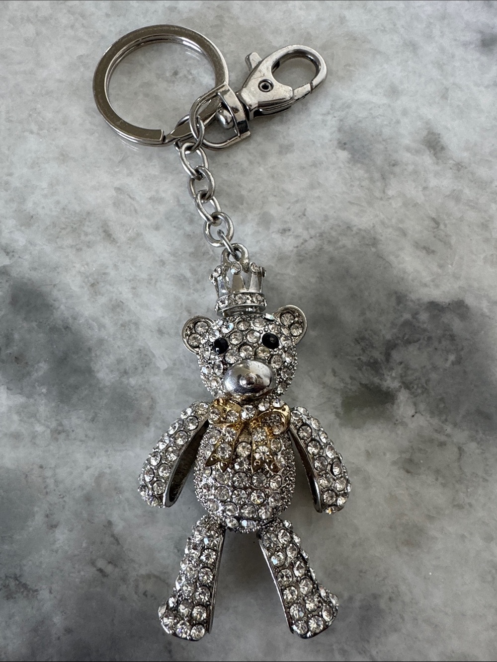 Rhinestone Teddy Bear Keychain with Crown - Silver